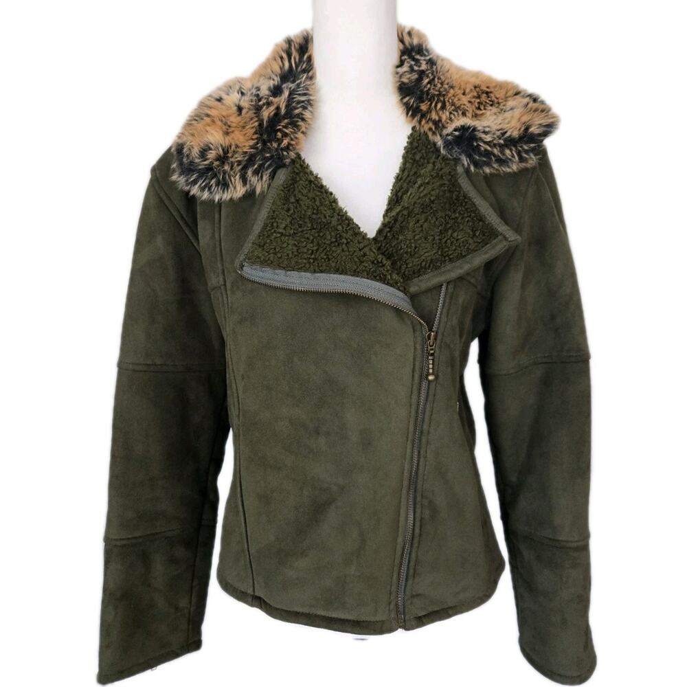 Vintage Valley County Clothing Olive Faux Suede Faux Fur Trim Moto Jacket Sz M